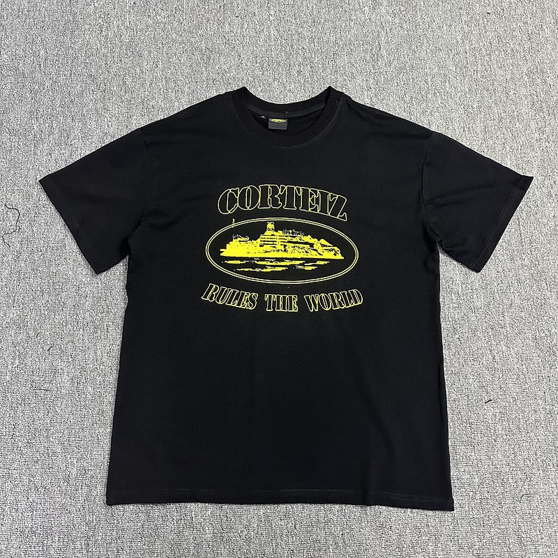 Yellow Graphic Print Black T-Shirt Unisex Streetwear Casual Short Sleeve Tee