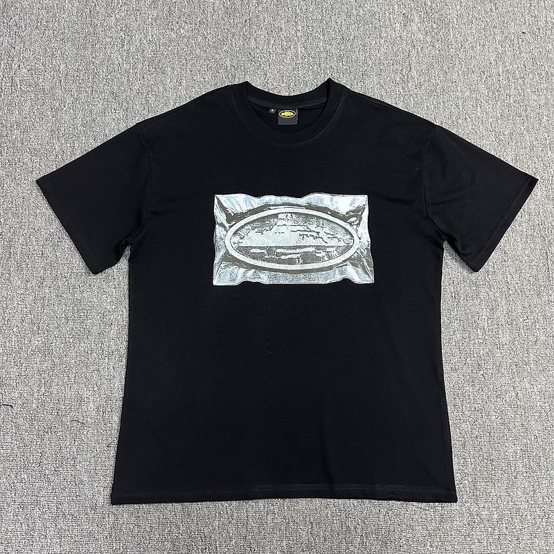 Silver Graphic Print Black T-Shirt Unisex Streetwear Casual Short Sleeve Tee