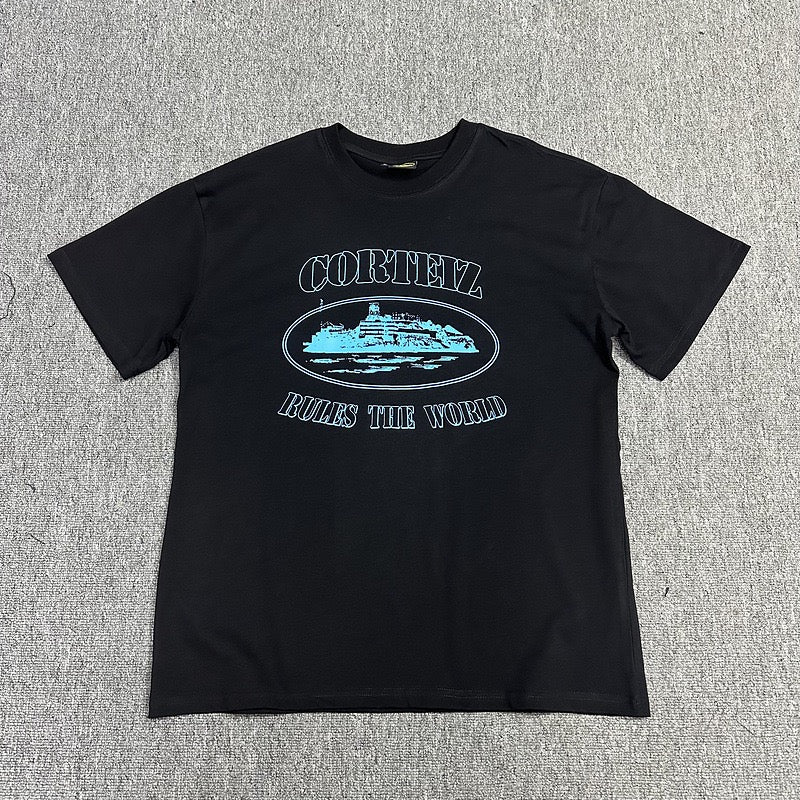 Blue Graphic Print Black T-Shirt Unisex Streetwear Casual Short Sleeve Tee