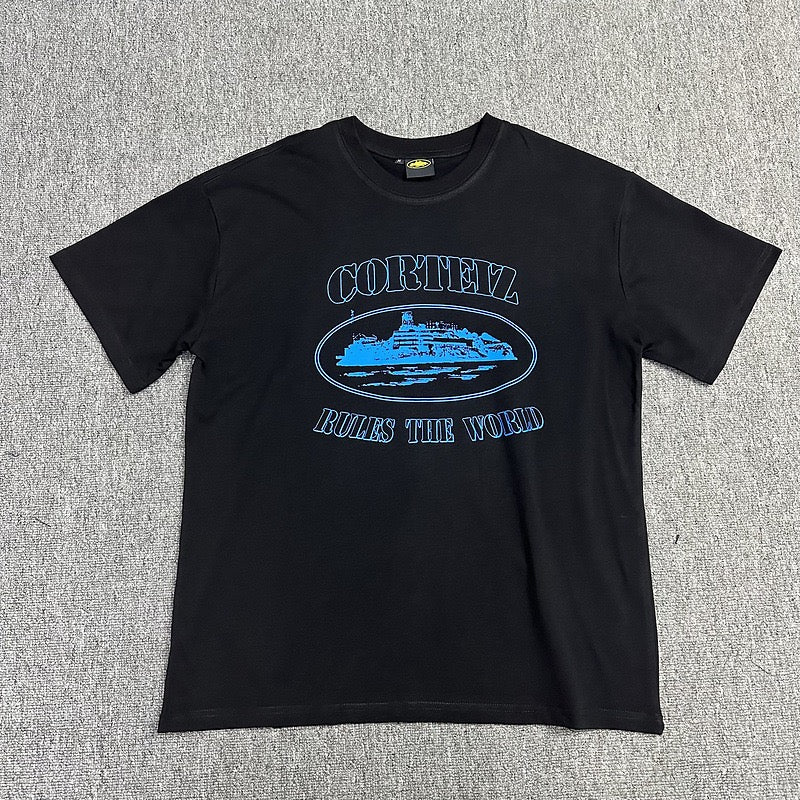 Blue Graphic Print Black T-Shirt Unisex Streetwear Casual Short Sleeve Tee
