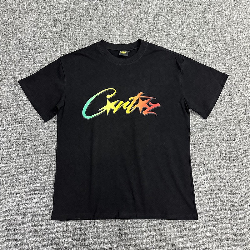 Rainbow Gradient Graphic Print Black T-Shirt Unisex Streetwear Casual Short Sleeve Tee