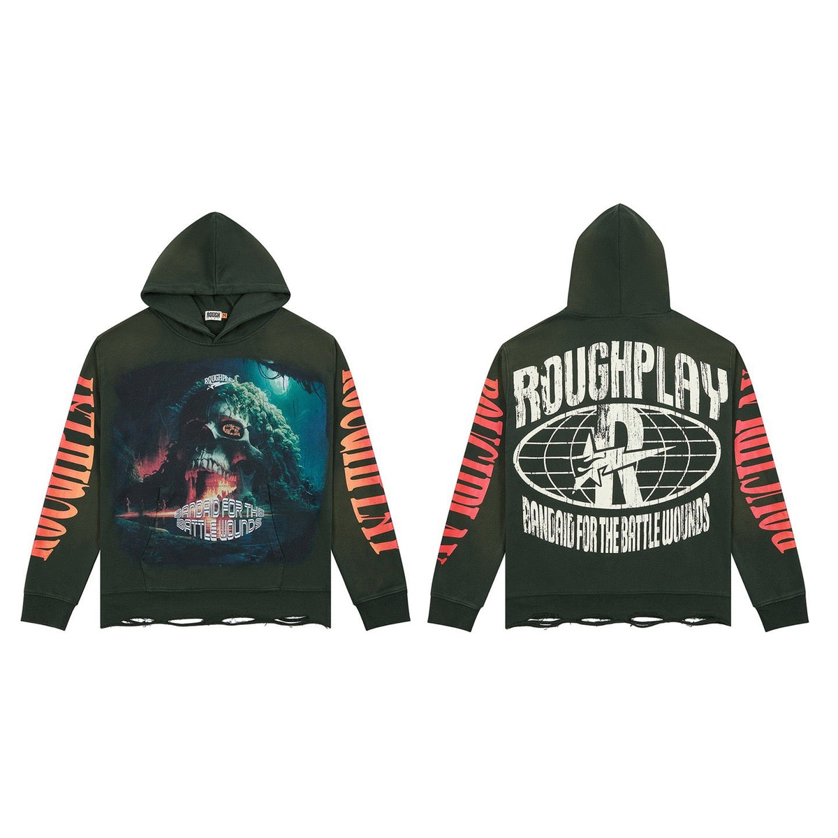ROUGHPLAY Monster Graphic Oversized Hoodie – Vintage Distressed Streetwear Pullover Army Green