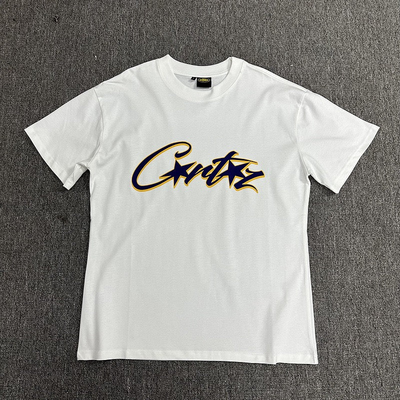 Navy Gold Graphic Print White T-Shirt Unisex Streetwear Casual Short Sleeve Tee