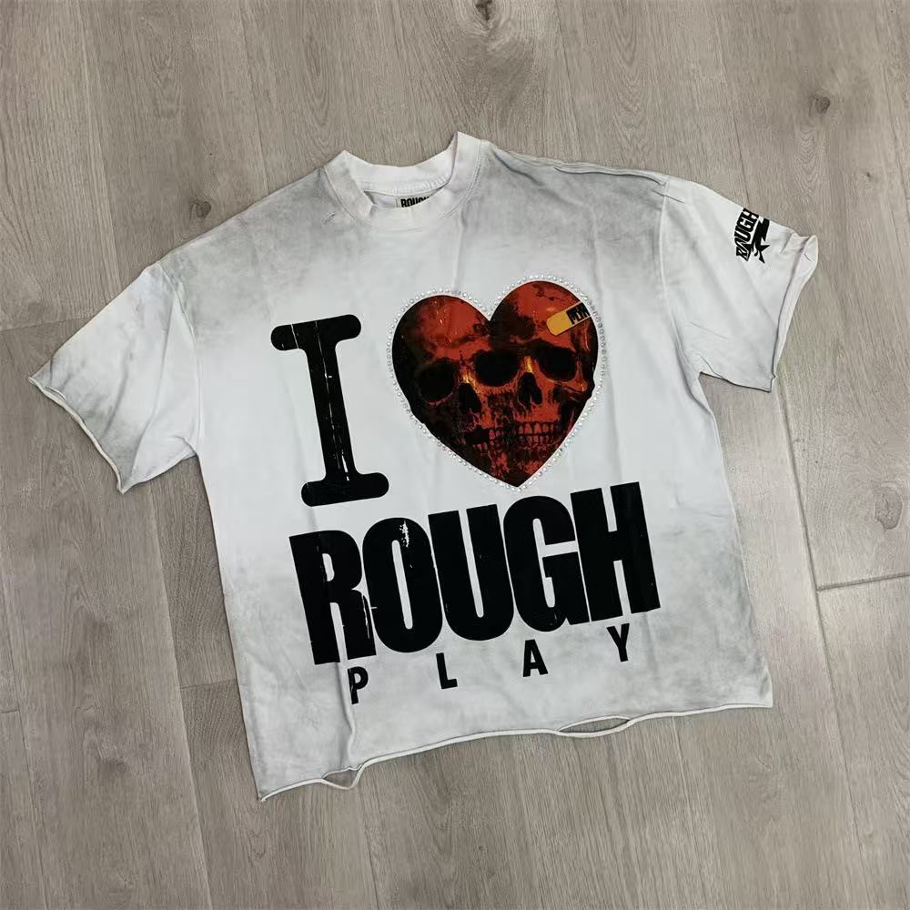 Vintage Skull Heart Graphic T-Shirt Men's Oversized Streetwear Short Sleeve Tee