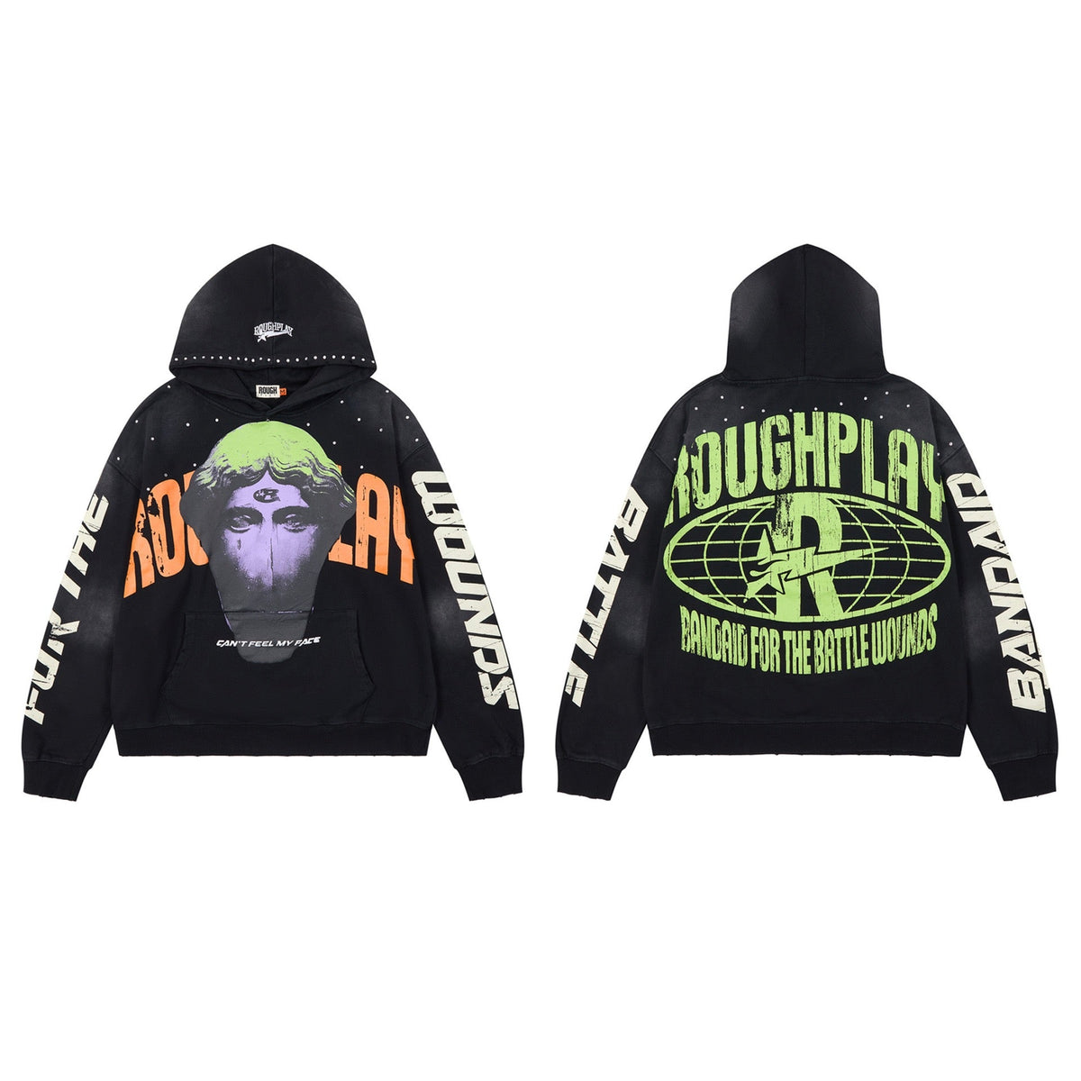 ROUGHPLAY Can't Feel My Face Graphic Oversized Hoodie – Vintage Washed Streetwear Pullover