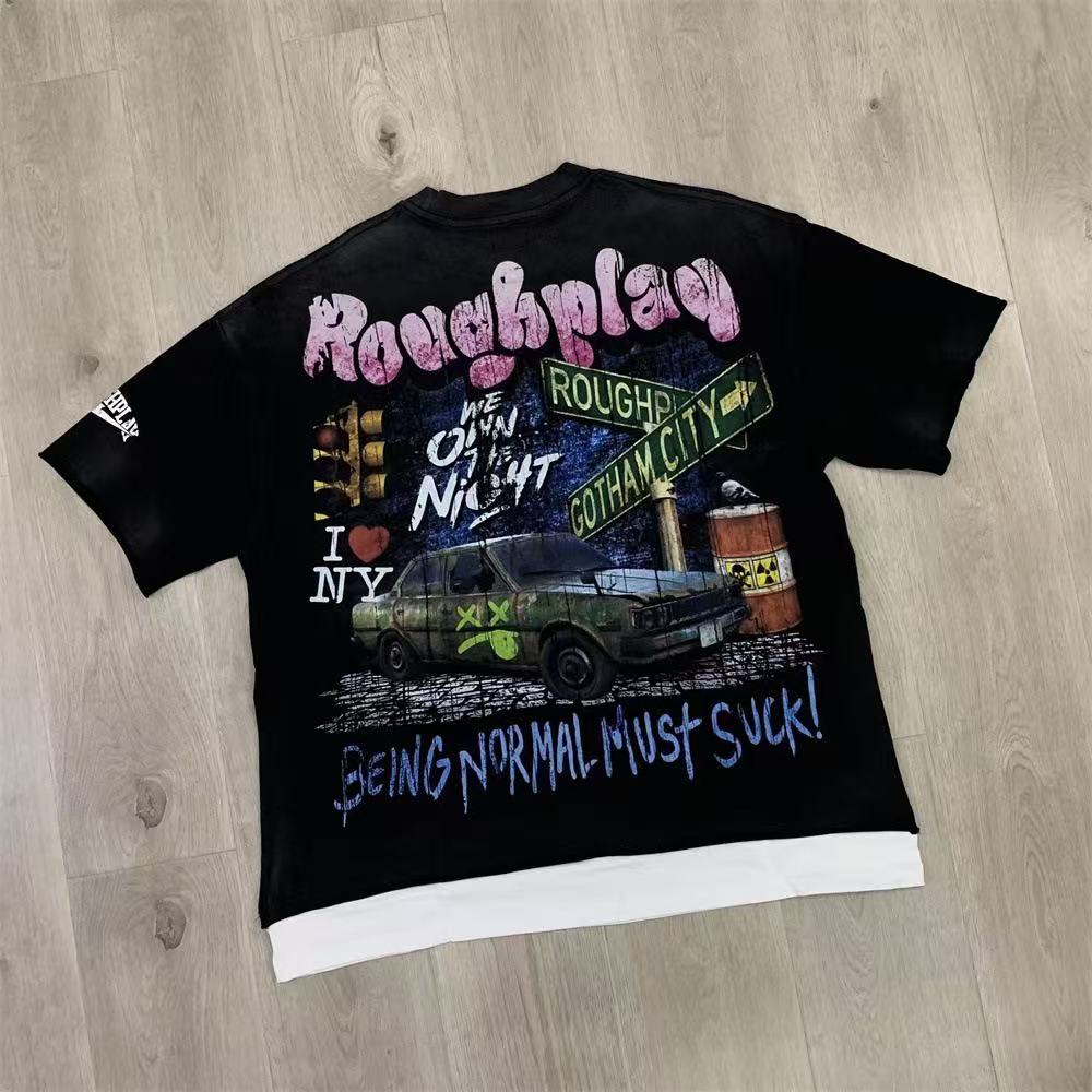 Vintage Urban Graphic Oversized T Shirt Men Washed Black Streetwear Short Sleeve Tee
