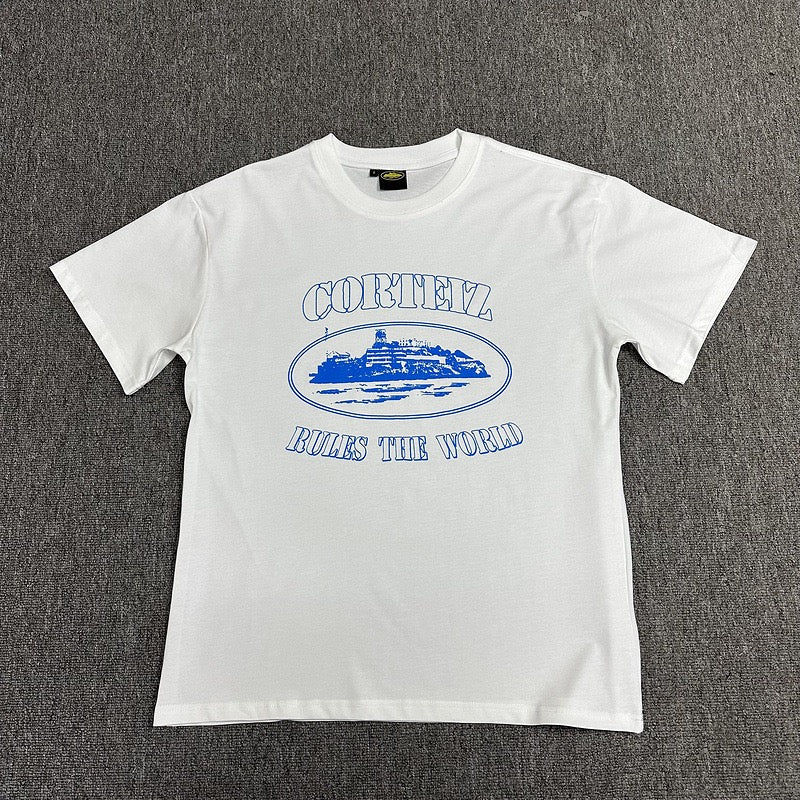 Blue Graphic Print White T-Shirt Unisex Streetwear Casual Short Sleeve Tee