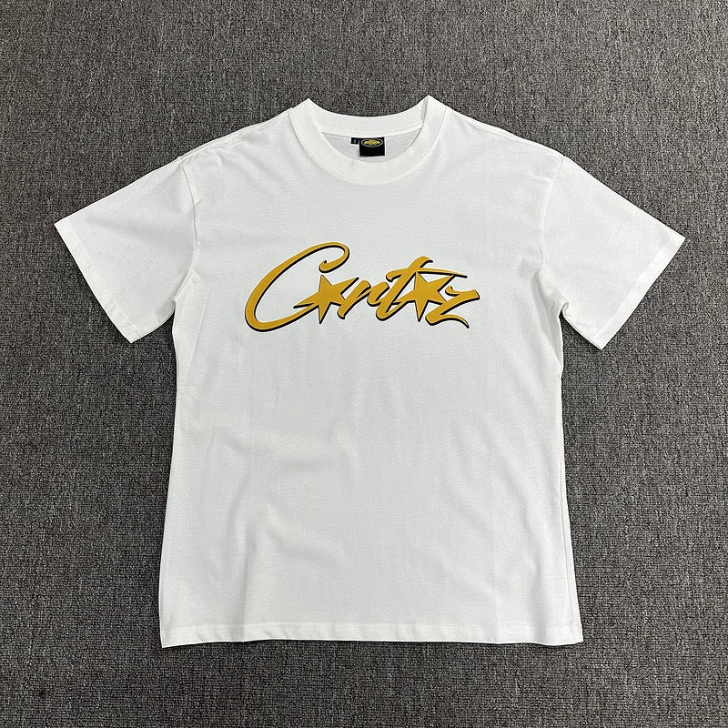 Golden Graphic Print White T-Shirt Unisex Streetwear Casual Short Sleeve Tee