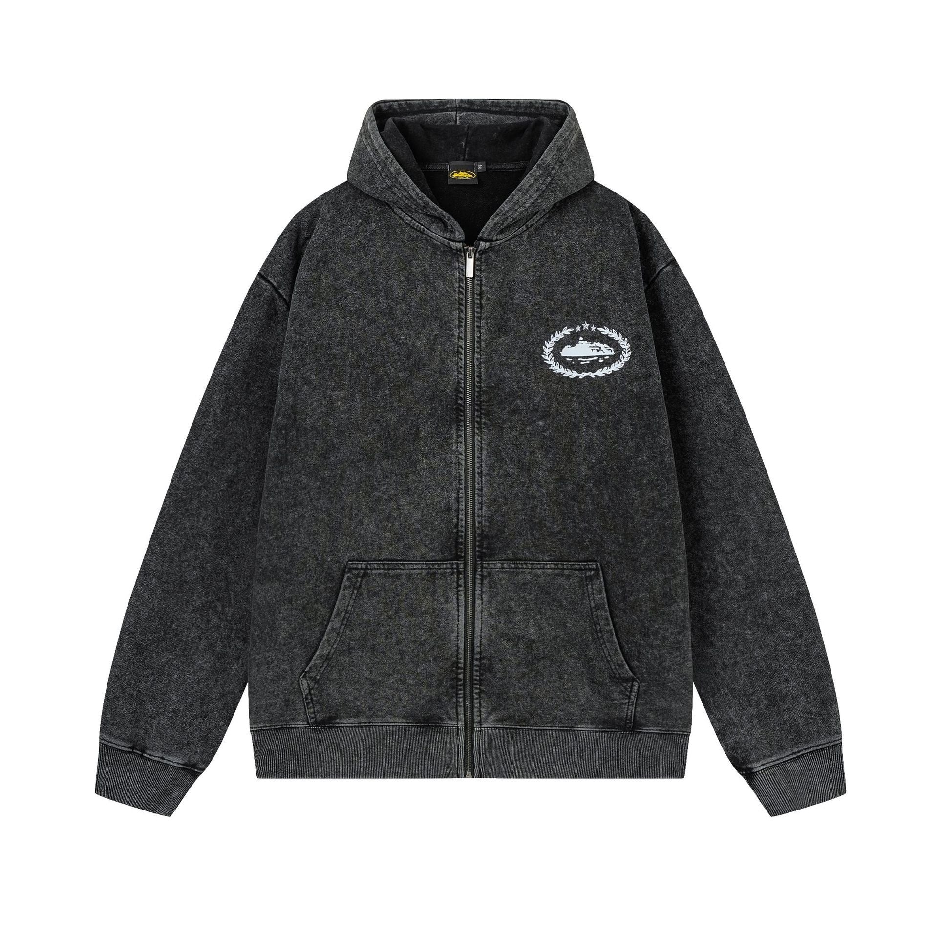 Vintage Washed Black Zip Up Hoodie Unisex Streetwear Casual Jacket