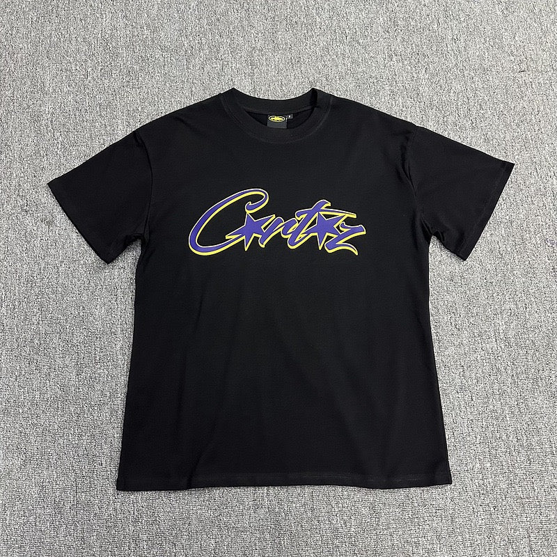 Purple Yellow Graphic Print Black T-Shirt Unisex Streetwear Casual Short Sleeve Tee